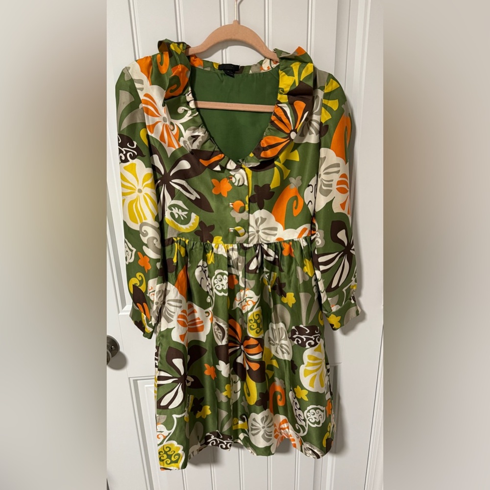 J.Crew 100% Silk Boho Floral Midi Dress w/Pockets Scoop Neck, Retro Print, Sz 0